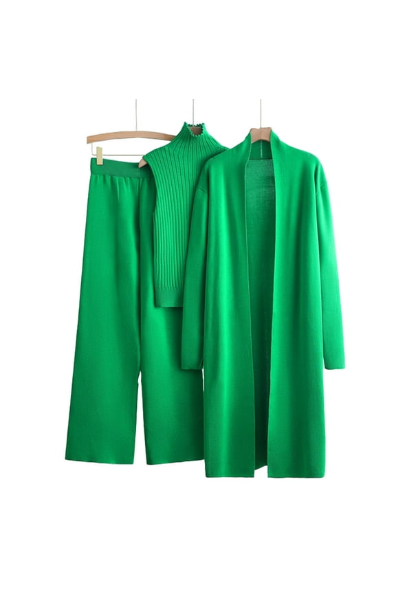 Fall 2 Piece Sets for Women Fall and Winter Long Windbreaker High Neck Inner Sweater Elastic Waist Wide Leg Pants Knitted Three Piece Set