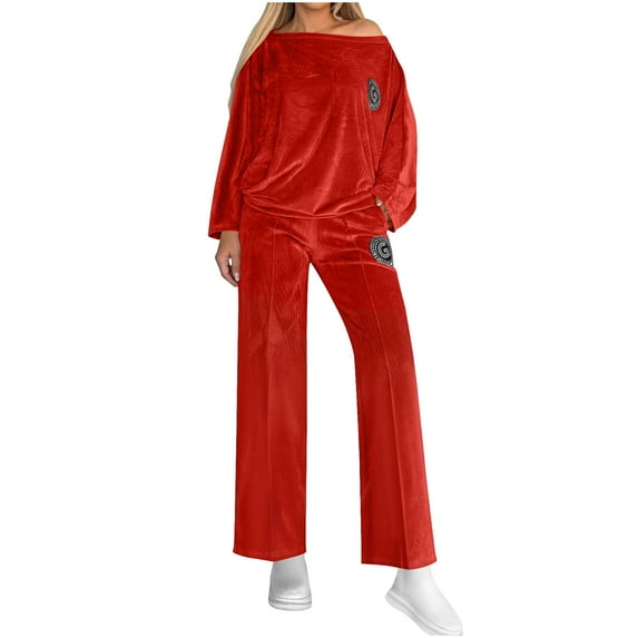 Trending Saving Fall 2 Piece Vacation Outfits for Women 2025 Winter Solid Color Printed Long Sleeve Round Neck Long Sleeve Pullover Top Pantsuit