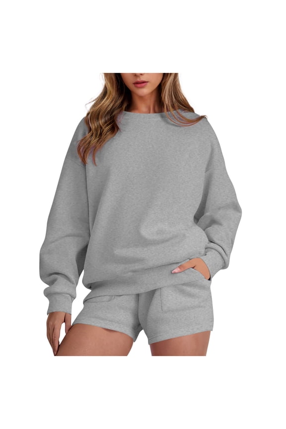 Fall Sets Women 2 Piece Outfits Petite Round Neck Blouse Long Sleeve Tops Sweatshirt Shorts Casual Suit Sets