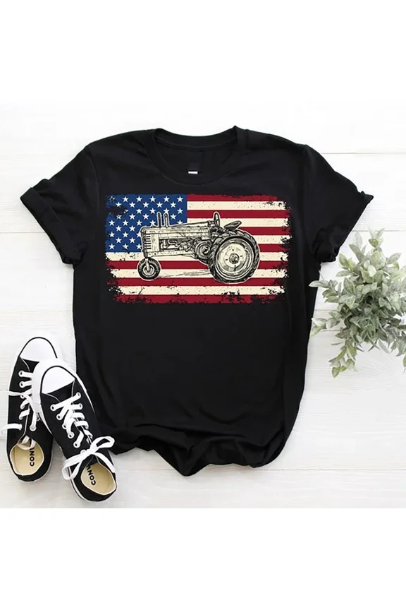 Trending Tee With Tractor American Flag Farming Vehicles Cars Vintage Patriotic T-Shirt, Tracto... Birthday Gifts; For Men & Women