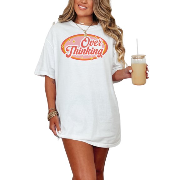 Trending Over Thinking Graphic T-Shirt, Funny Oversized Tee, Cute Casual Wear, Aesthetic Retro Design, Women Men Unisex Fashion, White Comfort Colors T-Shirt, Medium
