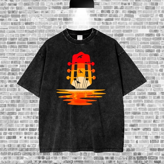 Trending!!! WASH TEE Retro Country Music Graphic Tee, Classic Acoustic Guitar Washed Shirt, Vintage Style Heavyweight Cotton Tee