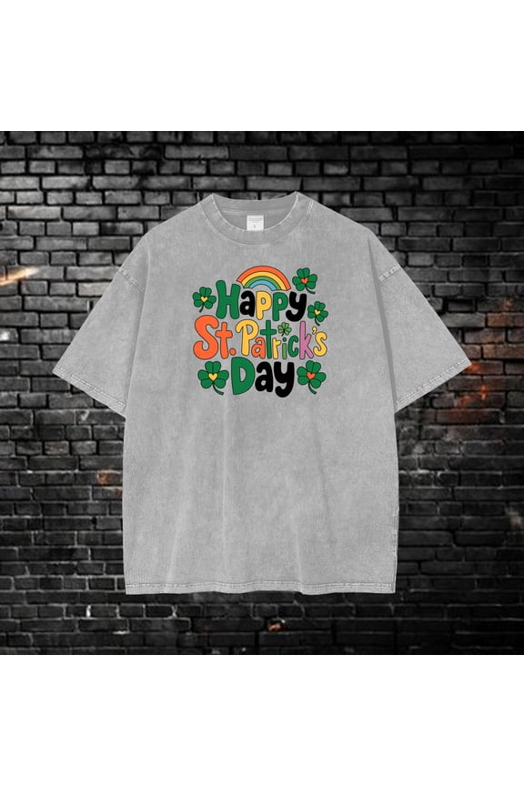 Trending Wash Tee!!! Happy St. Patrick's Day Rainbow and Shamrock Graphic Festive Irish for Men and Women, Unisex S-5XL Heavyweight Cotton Tee