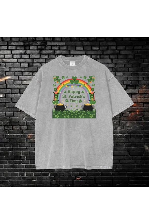 Trending Wash Tee!!! Rainbow and Leprechaun St. Patrick's Day Colorful Irish Graphic Fun for Men and Women Heavyweight Cotton Tee