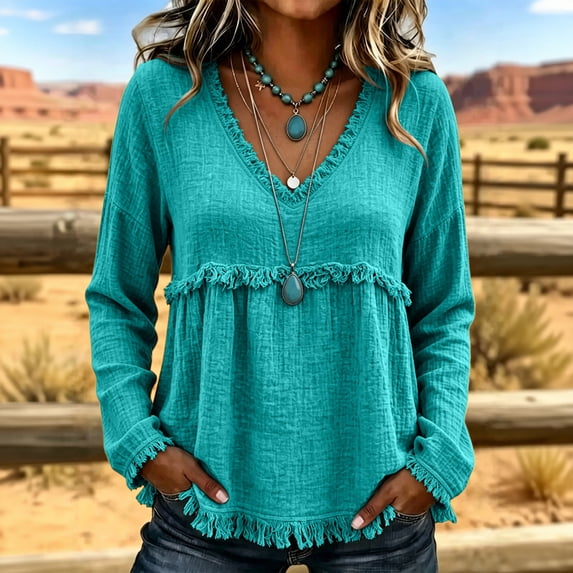 Trending Womens Clothes Dressy Casual Frayed Shirts V Neck Vintage Long Sleeve Gauze Blouses Raw Hem Beach Vacation Outfits XXL Green