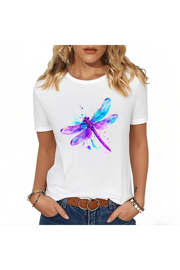 Womens Casual Tops Denim Shirt Women Women Blouses Plus Size Short Sleeve Tunic Tops for Women reorders Dragonfly Print T Shirt