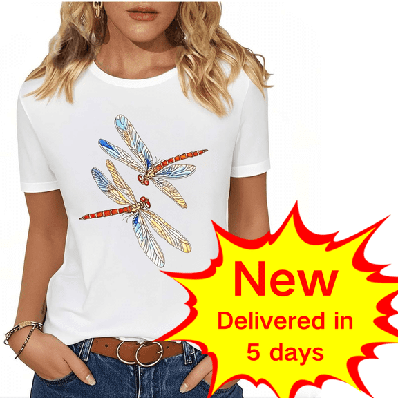 Pohista Work Tops for Women Business Casual Womens Tshirts Graphic Vintage Blouses for Women Business Casual Short Sleeve Blouses for Work my orders Dragonfly Print T Shirt