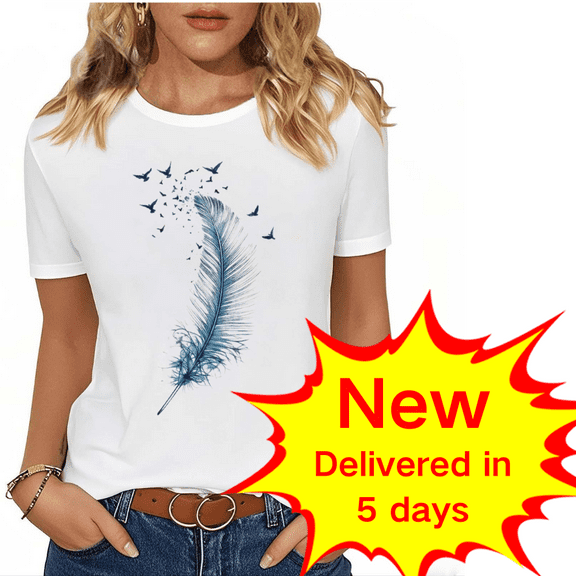 Pohista Work Tops for Women Trendy Womens Graphic T Shirts Summer Blouses for Women Casual Short Sleeve Tops reorder Feather Print Tops for Women