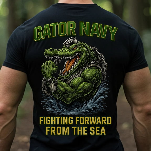 Trenditee Gator Navy T-Shirt Fighting Forward From The Sea Military Veteran Graphic