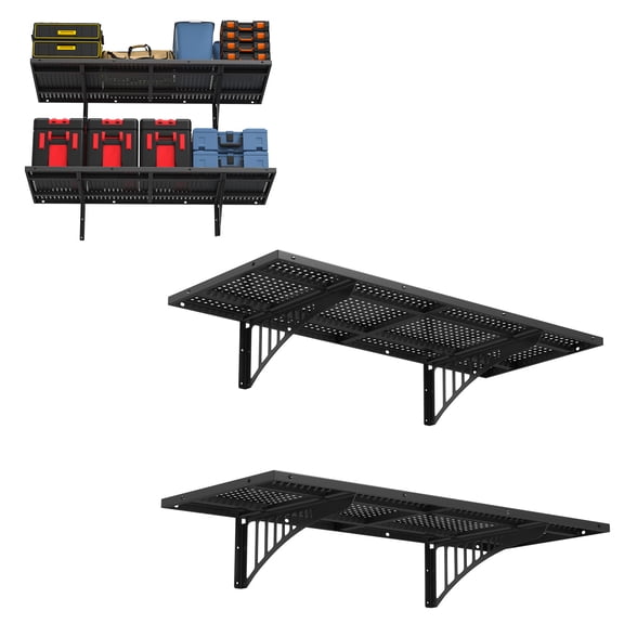 Trendix 2 Pack 1.5x3.6ft Garage Wall Shelf, Wall Mounted Heavy Duty Floating Shelf, 264lbs/per Load Capacity, Black Storage Metal Rack for Power Tools, Garden Supplies, Storage Bins