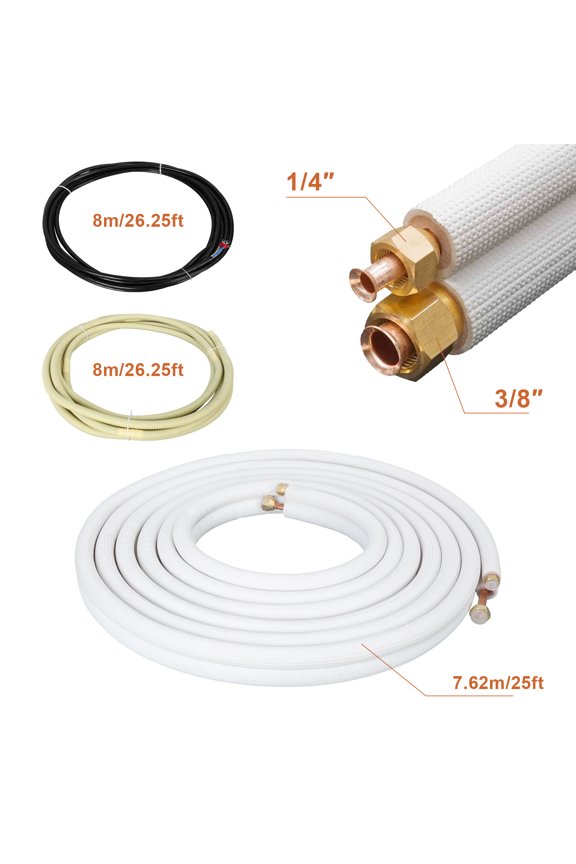 25FT Mini Split Line Set for Fixed Frequency 1P Air Conditioner, Air Conditioning Pipe with Flared Nuts, 1/4 3/8-Inch OD White Thickened PE Insulated Coil HVAC Hose