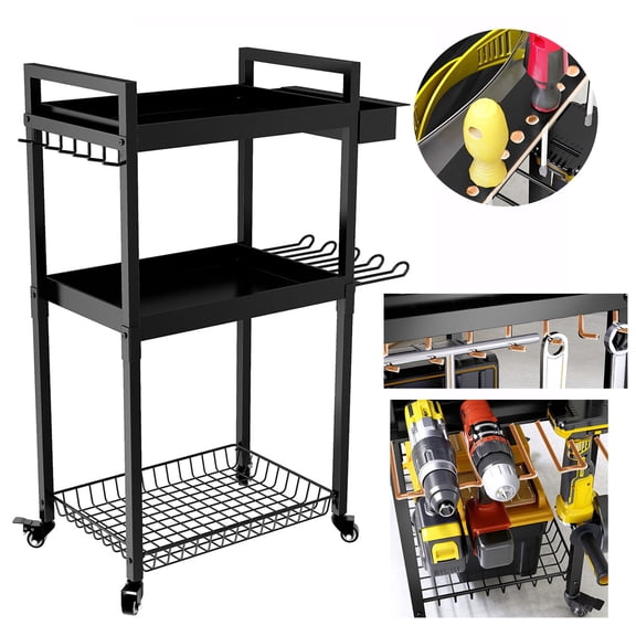 Trendix 3-Tier Tool Storage Cart with Locking Wheels, 500LB Capacity Mobile Workstation for Garage Workshop Organization, Screwdrivers Wrenches Tool Floor Standing Rolling Cart