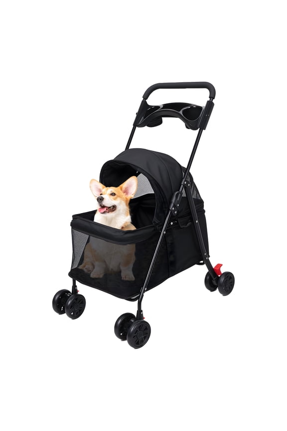 4-Wheel Pet Stroller for Medium Small Dogs & Cats, Folding Dog Stroller with Safety Brake, Visible Mesh Window & Cup Holder, Lightweight Travel Carrier, Pink