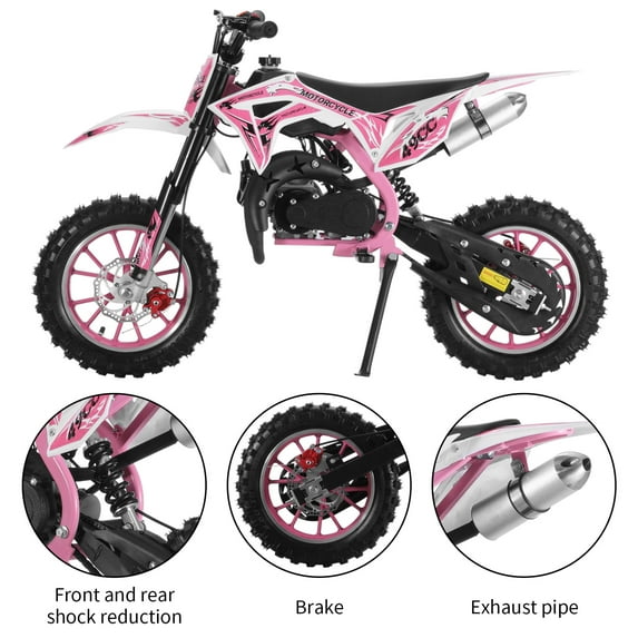 Trendix 49cc 2-Stroke Kids Dirt Bike, Off Road Mini Motorcycle, Pull to Start, One Click Start Switch Gas Power Motocross, Children Pocket Motorbike with Front Rear Disc Brakes (Pink)