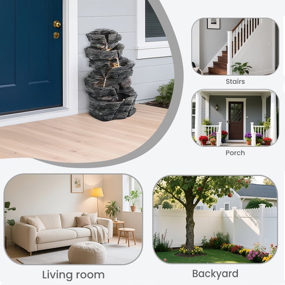 Trendix Cascading Rock Water Fountain with LED Warm Light, Outdoor Multi-Tier Resin Fountain for Patio Backyard Garden Decor, Landscape