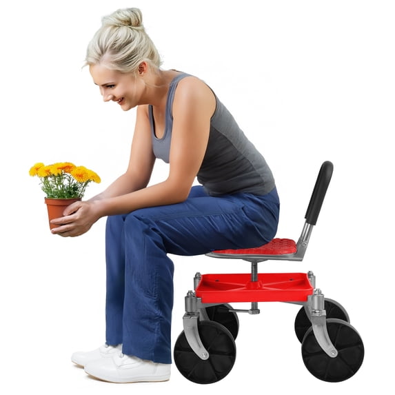 Trendix Gardening Stool with Tool Tray, for Planting, Garden Seat with 360° Swivel Wheels for Lawn, Yard, Patio Garden Scooter, Red