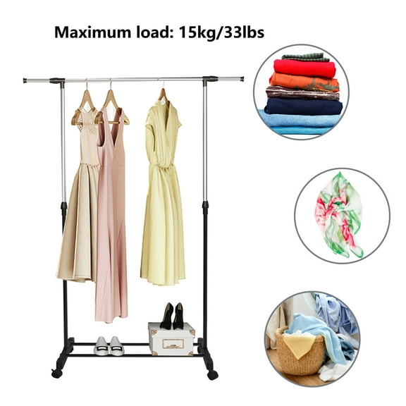 Trendix Garment Rack with Wheels, Single Rods Clothing Rack for Hanging Clothes, Height Adjustable, Load Capacity 15kg/33lbs Bedroom Clothes Rack, Black Laundry Drying Rack