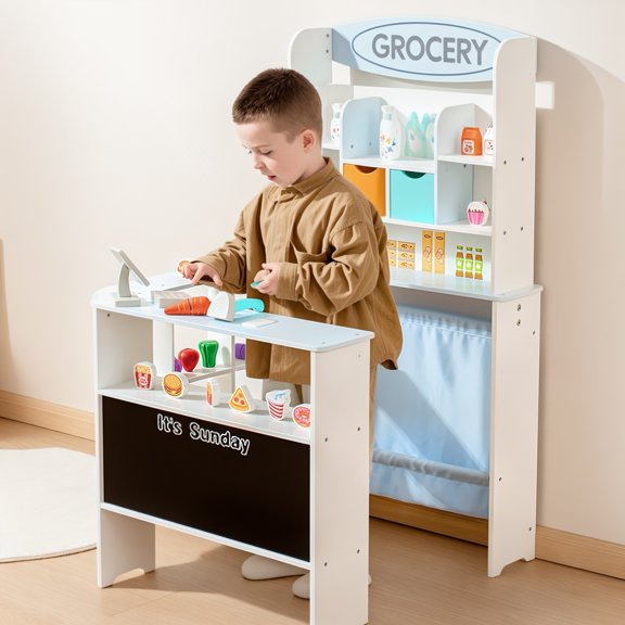 Trendix Grocery Store Checkout Counter with Shopping Cart, Wooden Grocery Store Playset, Pretend Play Store, Snack Model