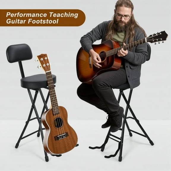 Trendix Guitar Stool, Folding Chair with Guitar Stand, Adult Portable Folding Stool with Backrest, Padded Cushion
