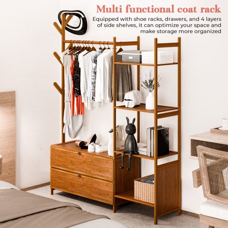 Trendix Hall Tree Garment Rack, Clothes Rack Freestanding Wardrobe Closet Coat Rack, Storage Shelf 4-Tier Shelves and 2 Shoes Cabinet, Clothing Rack for Hanging Clothes