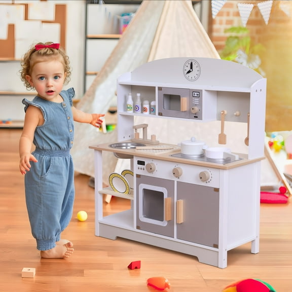 Trendix Kids Play Kitchen Set with Rich Accessories, Wooden Dollhouse Toys for Child Training Motor Skills And Enhancing Creativity