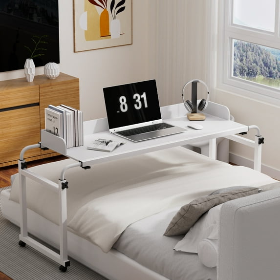 Trendix King Queen Bed Table on Wheels Overbed Desk Laptop Desk Laptop Cart with Wheels Over Bed Desk Height Adjustable Overbed Table with Wheels, Table Rim Baffle (White, 140x50cm)