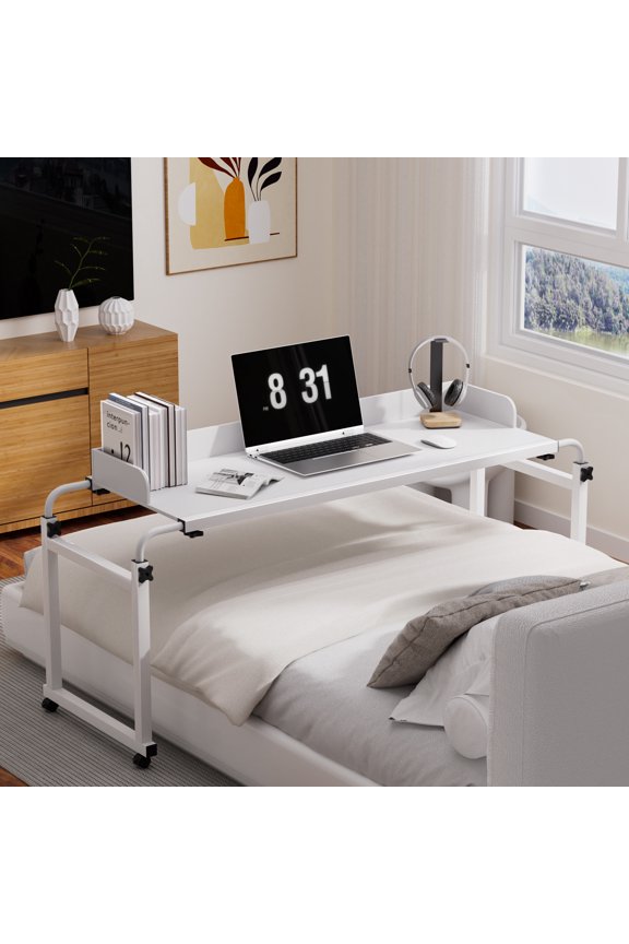 King Queen Bed Table on Wheels Overbed Desk Laptop Desk Laptop Cart with Wheels Over Bed Desk Height Adjustable Overbed Table with Wheels, Table Rim Baffle (White, 140x50cm)
