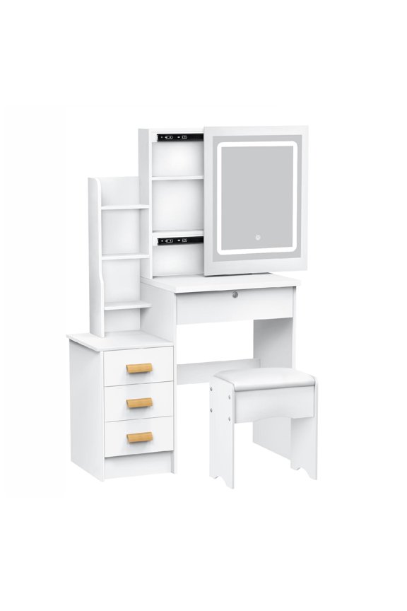 Modern Dressing Table with Sliding LED Mirror & Drawers, Storage Vanity Desk with Adjustable Lights and Lockable Storage for Bedroom