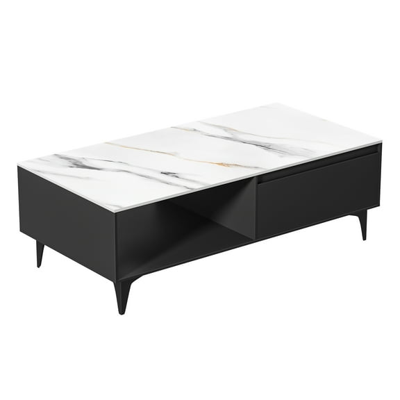 Trendix Modern Tea Table with Storage, Wood Marble Panel Coffee Table, Rectangle Center Table with Drawer
