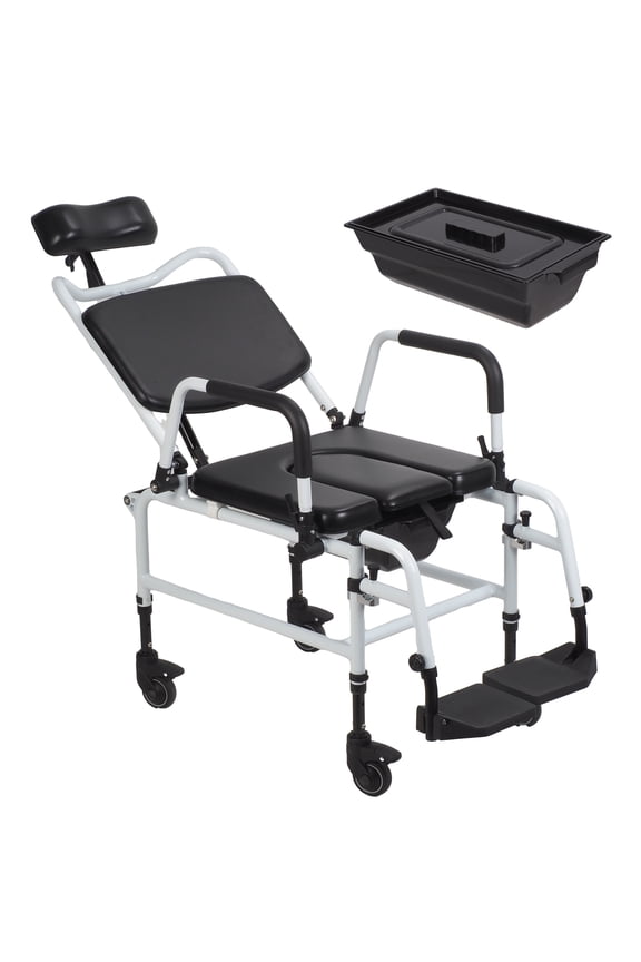 Multifunctional Shower Commode Chair with Wheels, Adjustable Backrest 90-140° & Removable Headrest, Mobile Toilet Seat with Brakes for Home Bathroom Use, 330 lbs Capacity