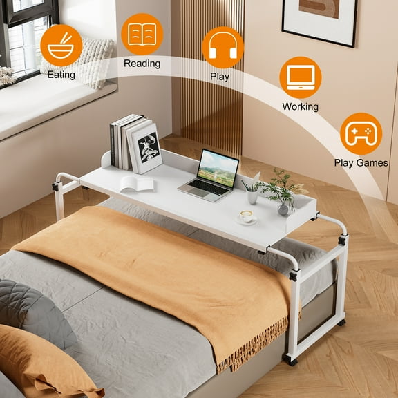 Trendix Overbed Desk Laptop Desk Laptop Cart with Wheels Over Bed Desk Height Adjustable Overbed Table with Wheels, Table Rim Baffle, King Queen Bed Table on Wheels Overbed , White