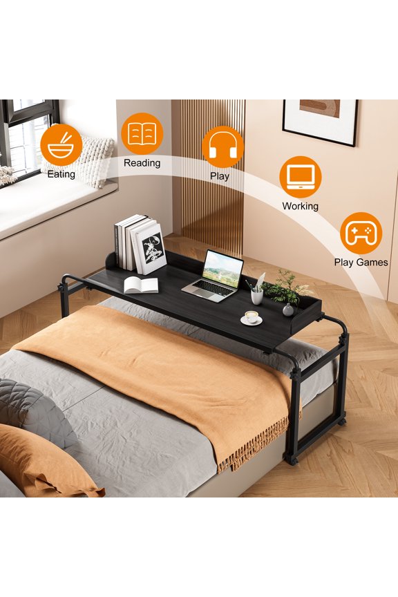 Overbed Desk Laptop Desk Laptop Cart with Wheels Over Bed Desk Height Adjustable Overbed Table with Wheels, Table Rim Baffle, King Queen Bed Table on Wheels Overbed , Black