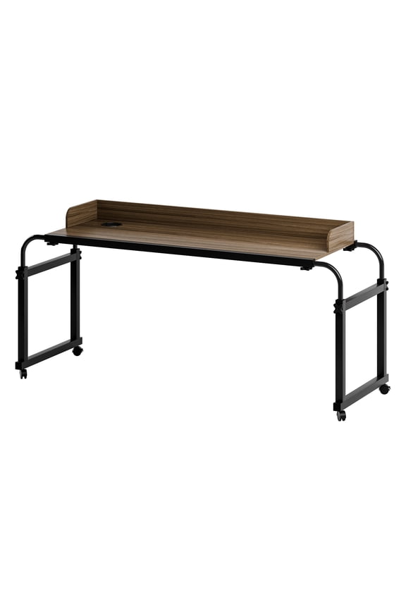 Overbed Table with 360 Degree Wheels, Mobile Bed Desk with Baffle, Cup Holder, King Queen Bed Table Overbed Adjustable Height and Length, 120cm
