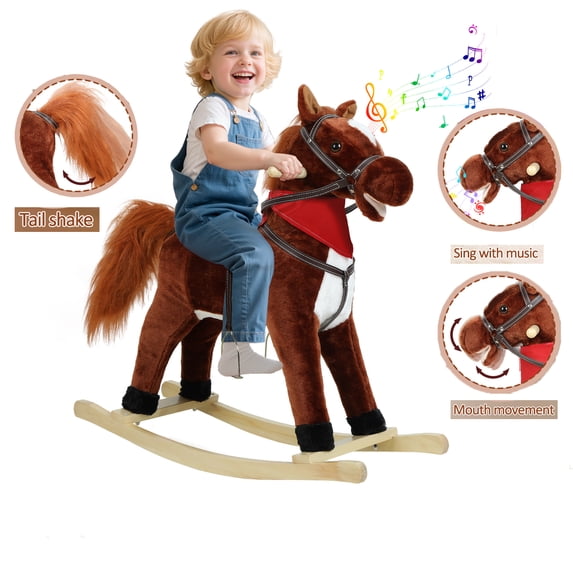 Trendix Plush Rocking Horse Toy with Interactive Sounds, Wooden Rockers, Wagging Tail Rocking Chair, 50kg Load Capacity, 28" Height, Dark Brown (Battery not included)