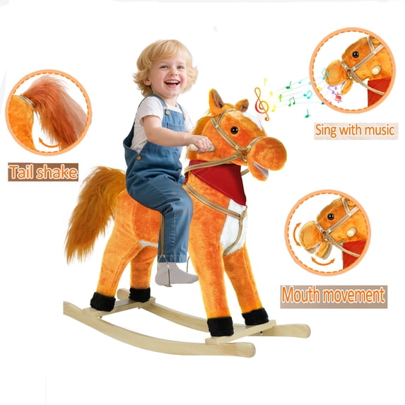 Trendix Plush Rocking Horse Toy with Interactive Sounds, Wooden Rockers, Wagging Tail Rocking Chair, 50kg Load Capacity, 28" Height, Light Brown (Battery not included)