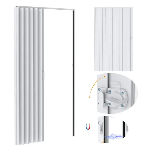Trendix Sliding Door, 48x80in PVC Folding Door, Single Panel Accordion Closet Door, Includes Latch, Handle, Mounting Hardware, Top Sliding Roller and Magnetic Closure