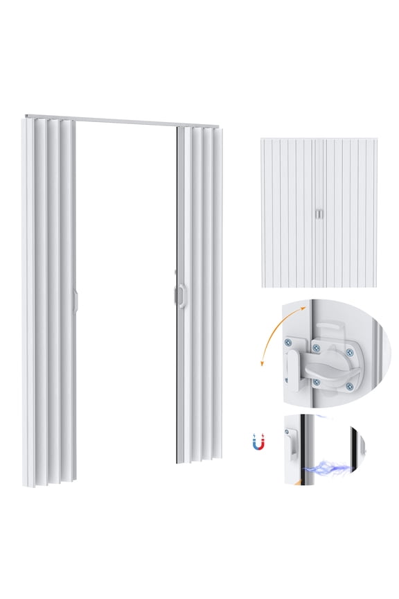 Sliding Door, 60x80in PVC Folding Door, Dual Panel  Accordion Closet Door, Includes Latch, Handle, Mounting Hardware, Accordion Door, Top Sliding Roller and Magnetic Closure