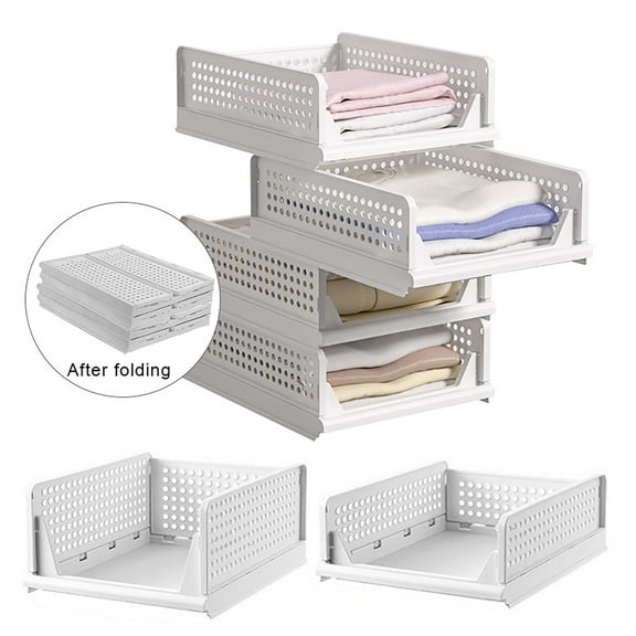 Trendix Stackable Set of 4 Storage Baskets, Plastic Closet Storage Drawers Storage Bins for Wardrobe Cupboard Bathroom Office, Foldable Closet Organizers and Storage, Size M