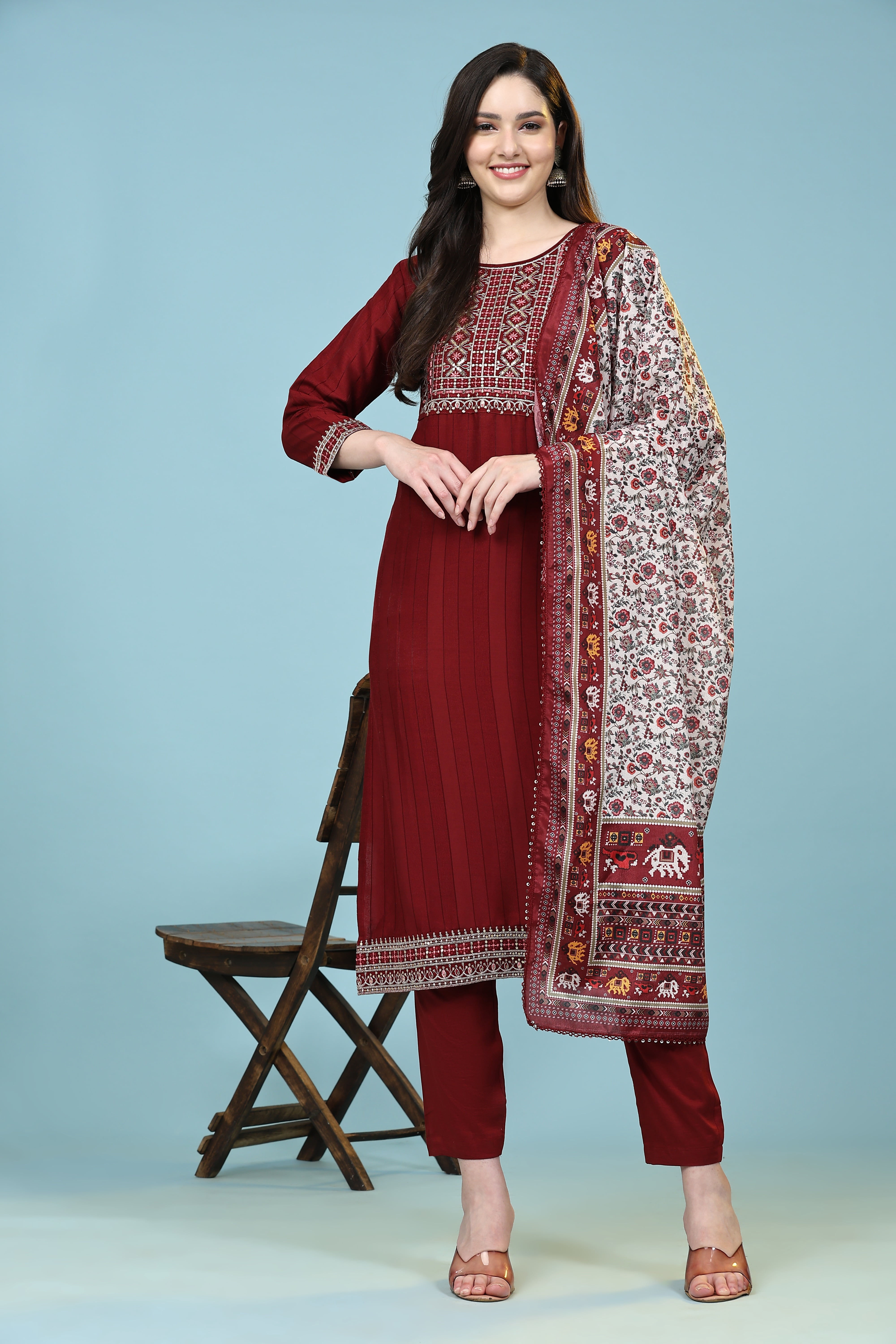 Vintage Walnut Embroidered Kurta Set with Piping Salwar