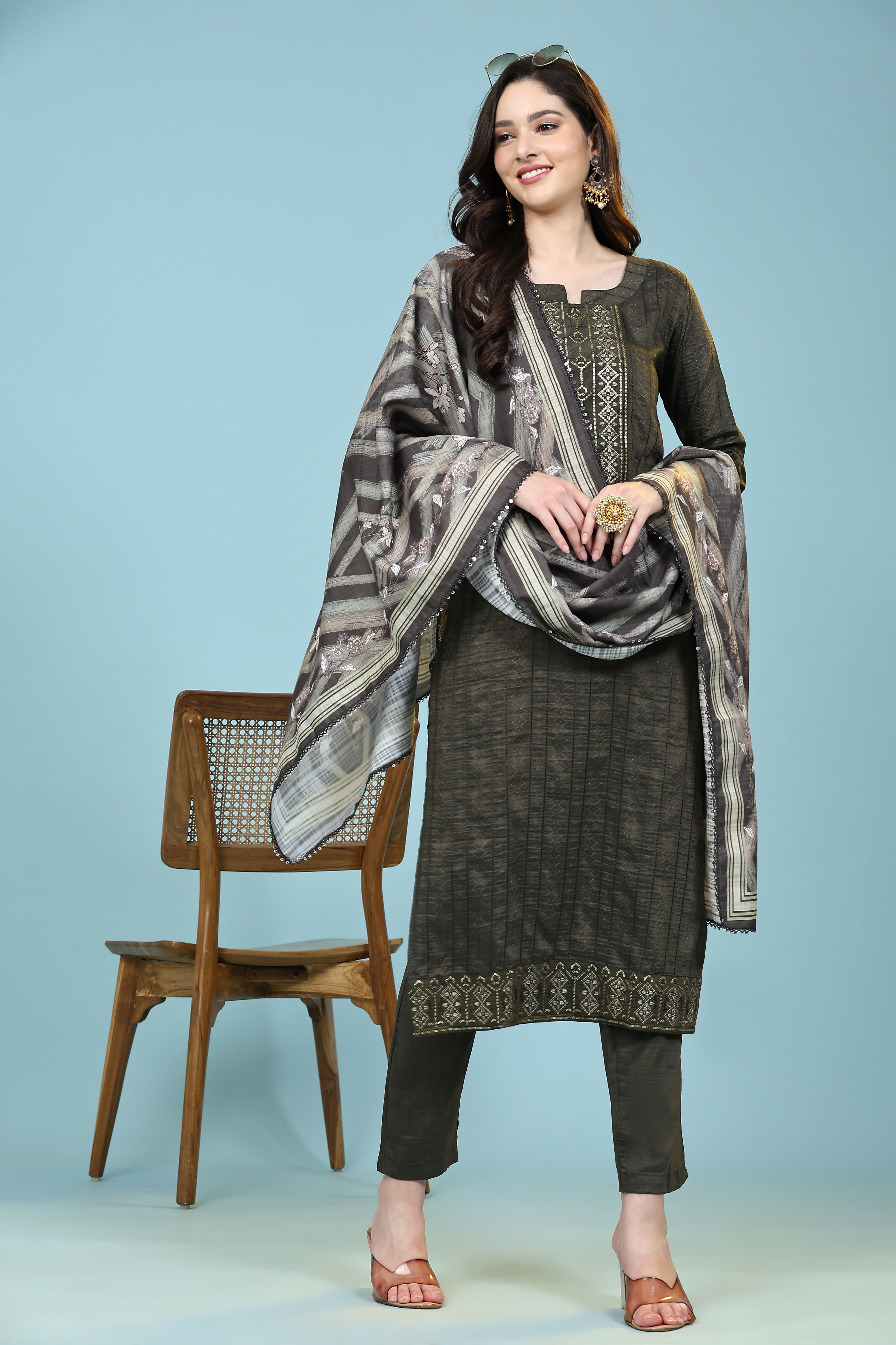 Rust Cotton Silk Embroidered Straight Kurta And farshi Salwar With Dupatta Set main image 1
