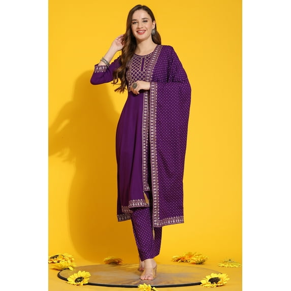 Trendmalls Women's Wear Rayon Fabric Embroidery Anarkali Kurta with Salwar Suit Set