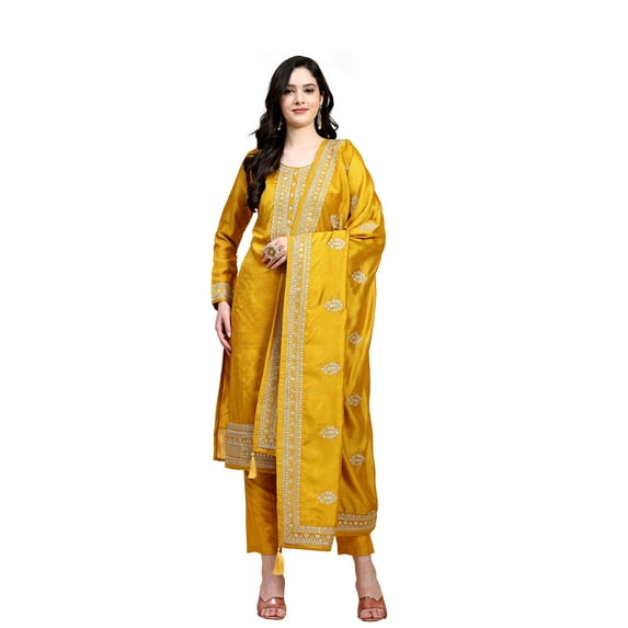 Trendmalls Women's Wear Vichitra Silk Fabric Regular Wear Embroidered Straight Kurta Pant Suit set