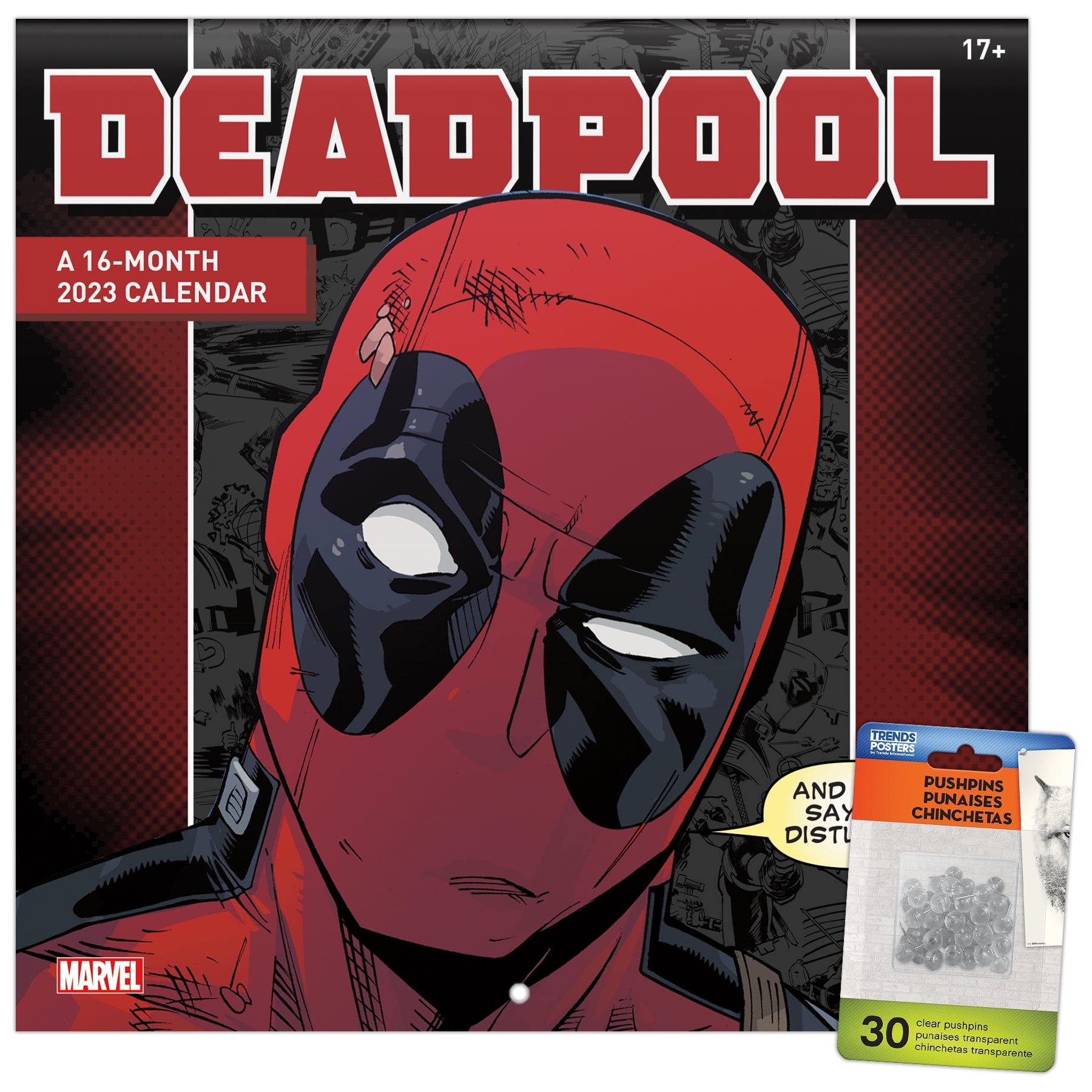 Trends International 2023 Marvel Deadpool Wall Calendar & Pushpins