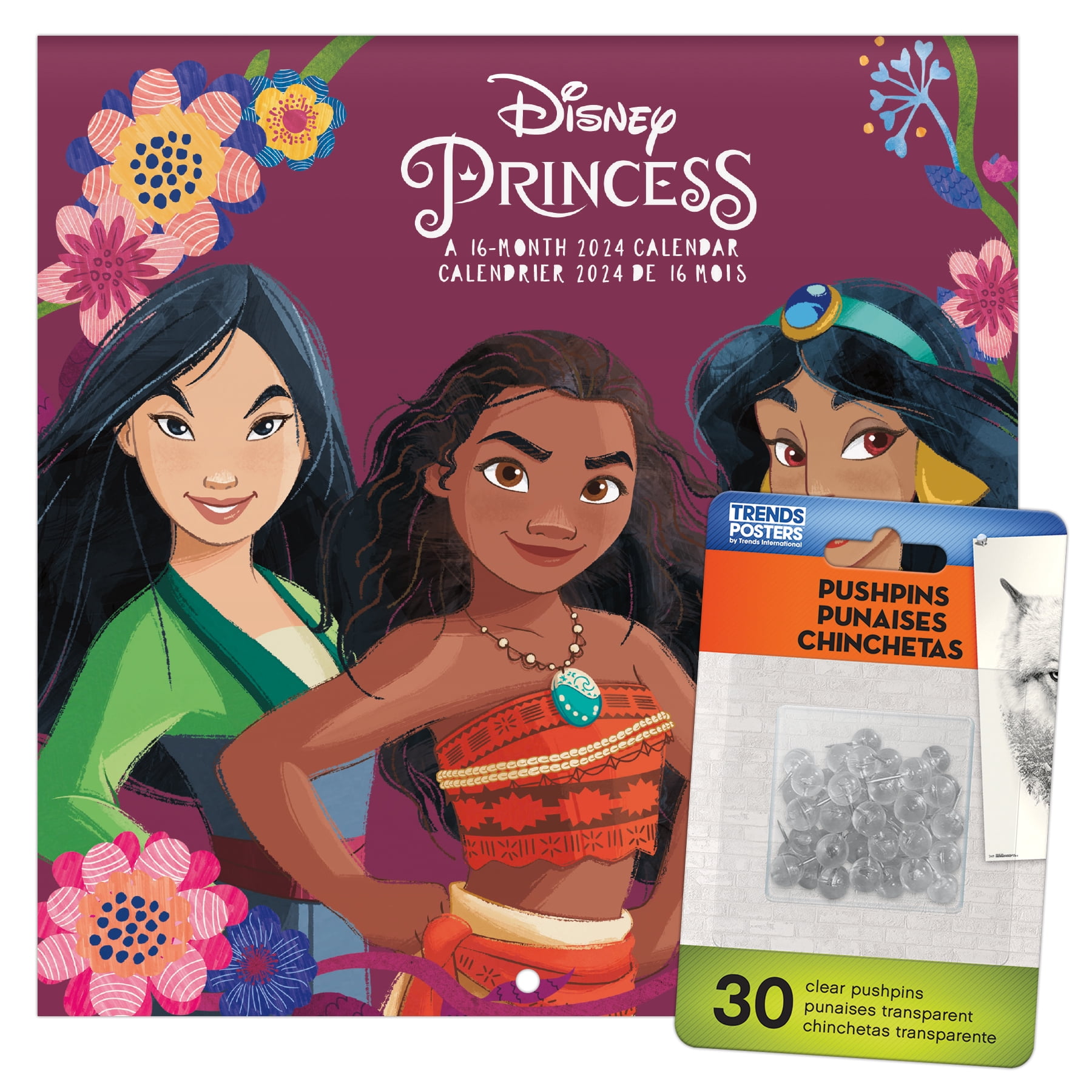 Trends International 2024 Disney Princess Mini Wall Calendar & Push Pins & Push Pins