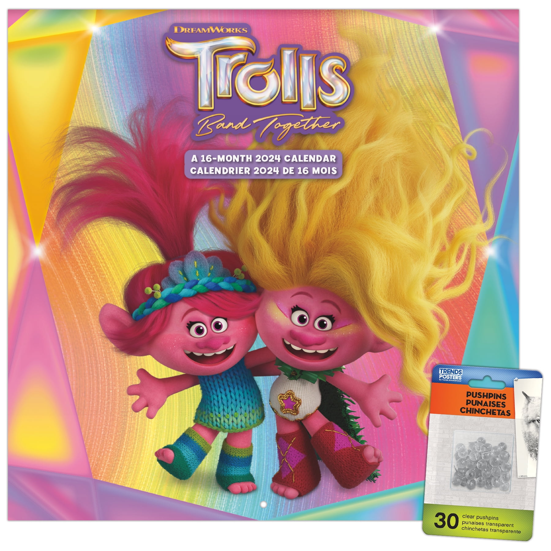 Trends International 2024 Trolls 3 Wall Calendar & Push Pins