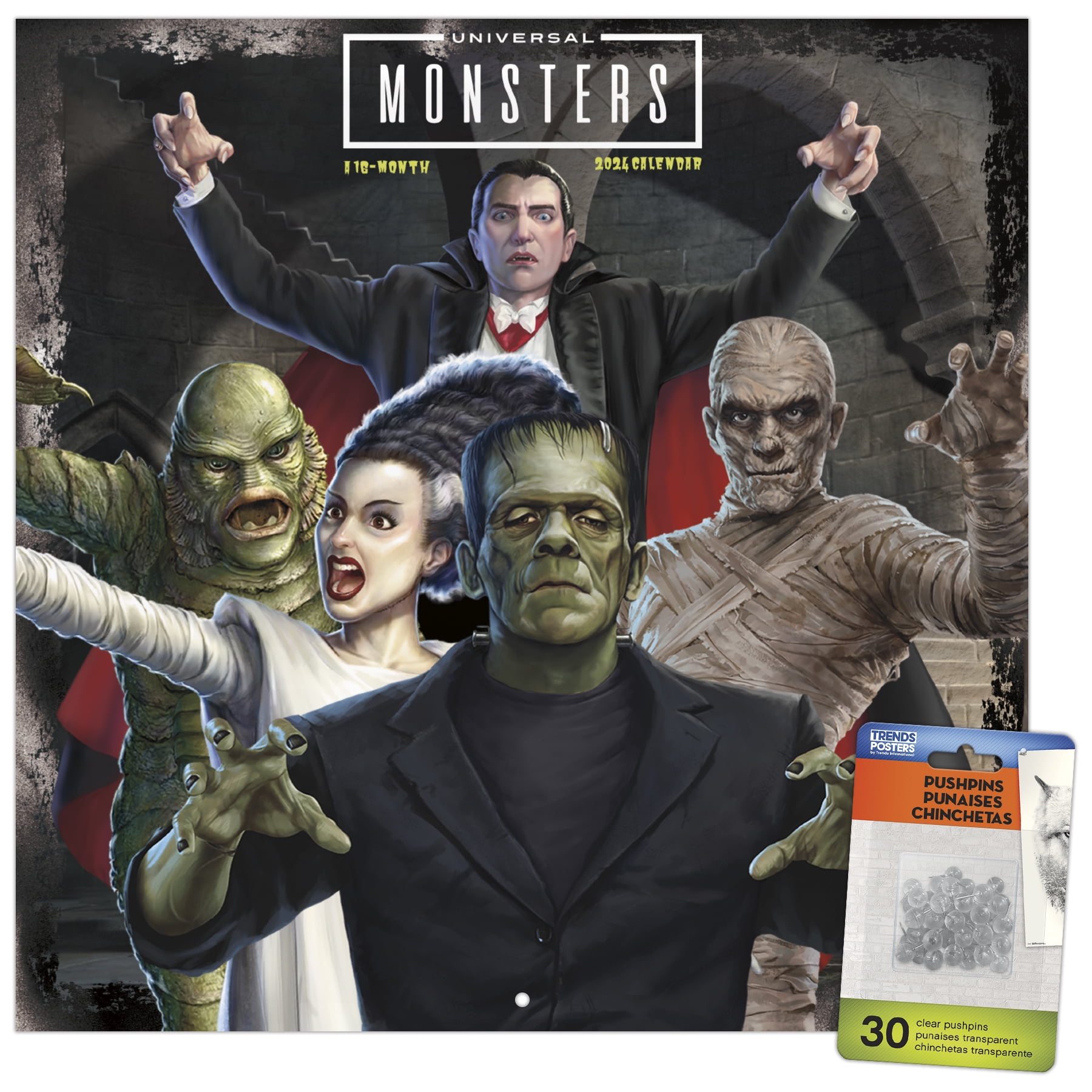 Trends International 2024 Universal Monsters Wall Calendar & Push Pins