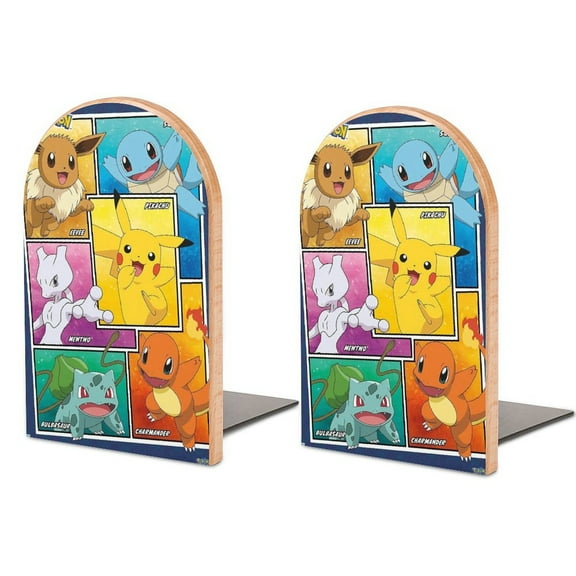 Trends International Pokmon-Eevee Charmander Squirtle Bulbasaur Book Ends,Book Ends for Shelves,Beech Wooden Bookends with Metal Base,Sturdy Book Holders for Heavy Books - Fancy Modern Decorative Bo