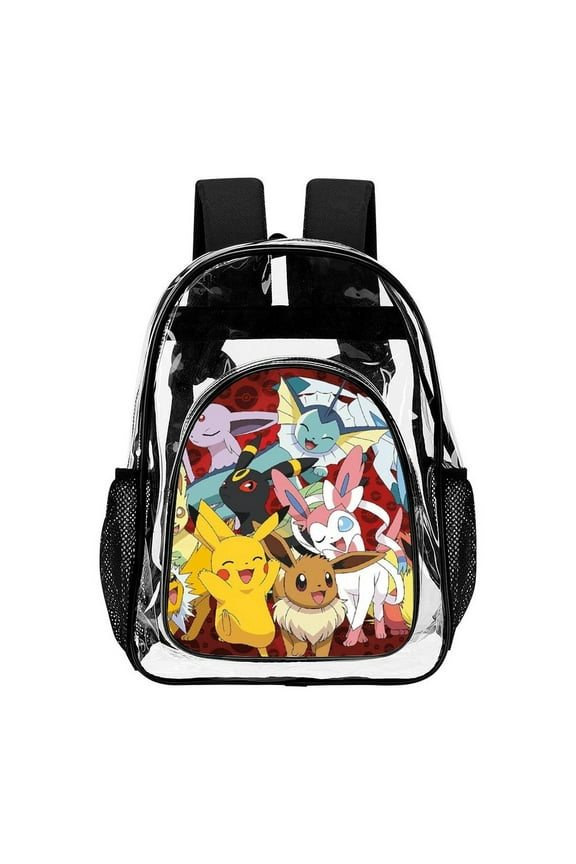 Trends International Pokmon33 Clear Backpack Transparent Heavy Duty Bookbag Large PVC Laptop Bag Adjustable Shoulder Straps with Mesh Side Pockets for College Work Travel Stadium Concert
