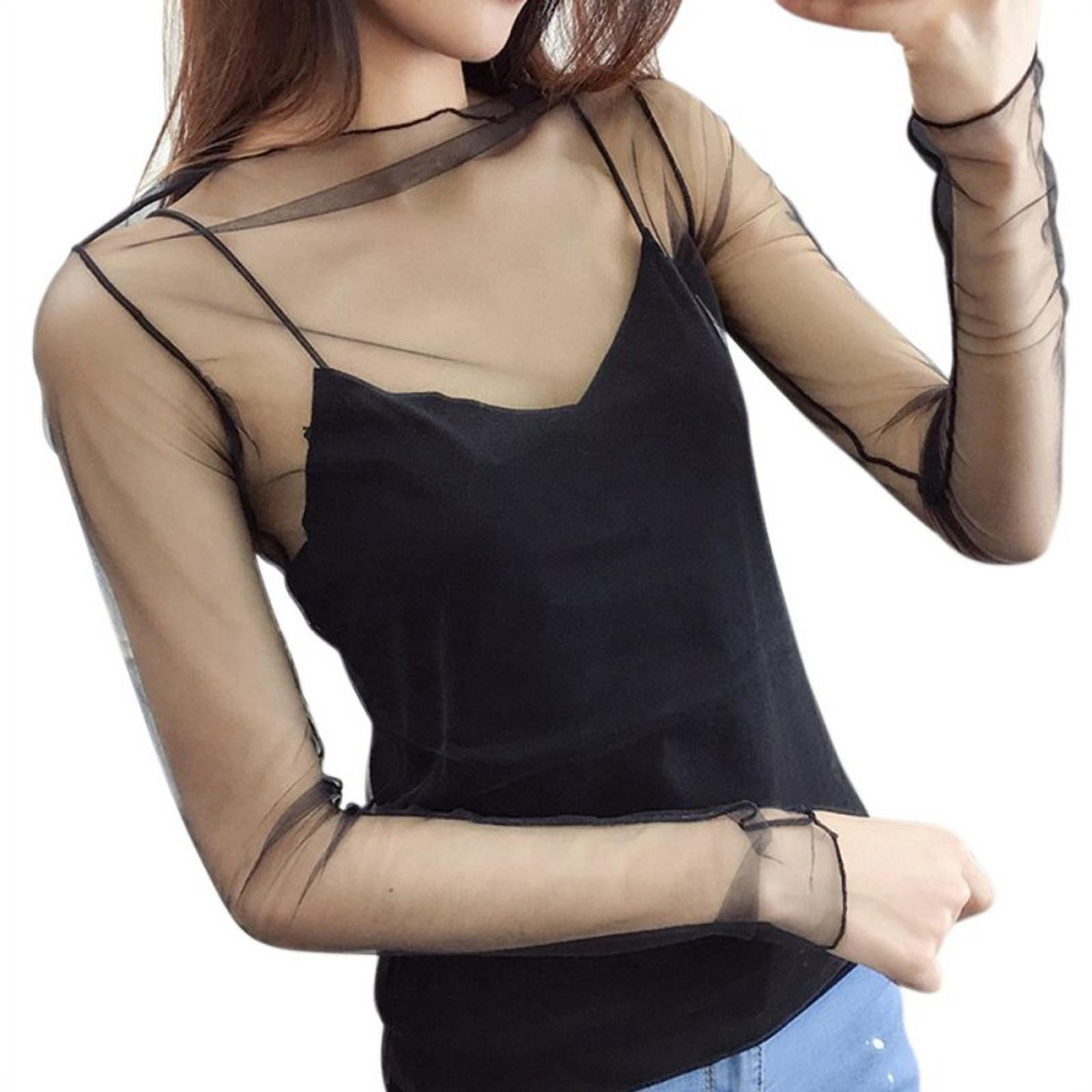 Trends Mesh Women Long Sleeve Tops Hot Sexy Transparent High Neck Black  Lace Bottoming Shirts Punk Chic T Shirt Wome