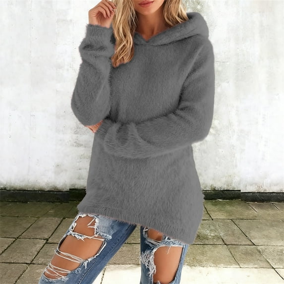 Trends Oversized Sweatshirts for Women Athletic Womens Sherpa Hoodie Fluffy Women's Hoodies Pullover Dark Gray L